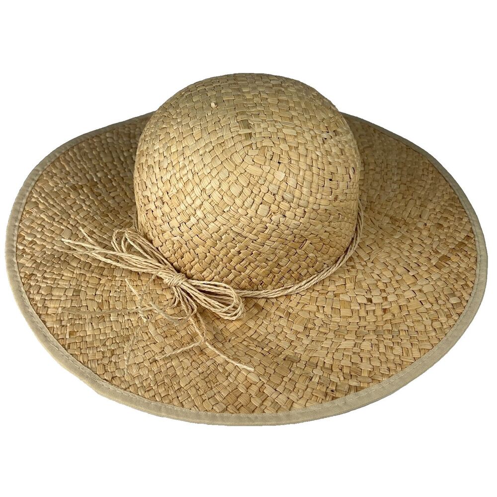 Natural Raffia Straw Sun Hat Wide Brim Bow Accent Beach Womens Cap Garden Sz 7